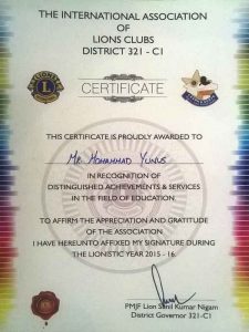 Best Teacher Award By LIONS - 2